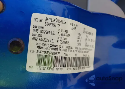 2006 Chrysler Pt Cruiser z USA, uszkodzony, nr VIN 3A4FY48B86T260670